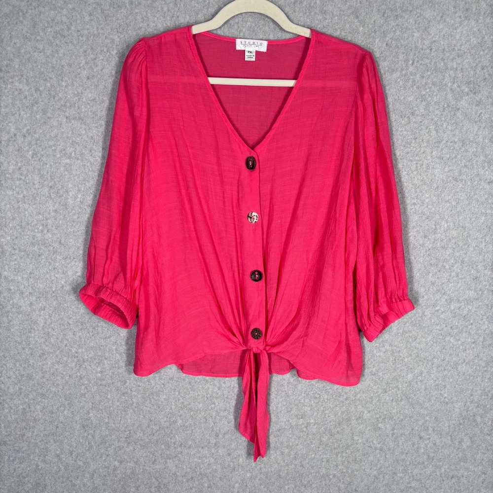 Studio JPR Gauze Blouse PXL Pink Tie Hem Artsy Buttons Resort Cruise Flowy Loose